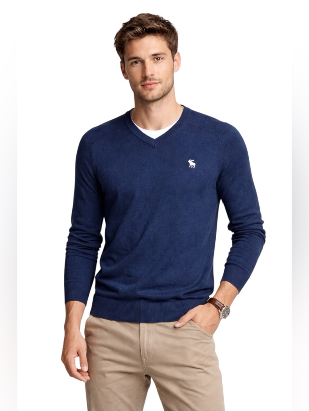 Abercrombie & Fitch Men's Deep Blue V-Neck Sweater Cotton Cashmere Blend